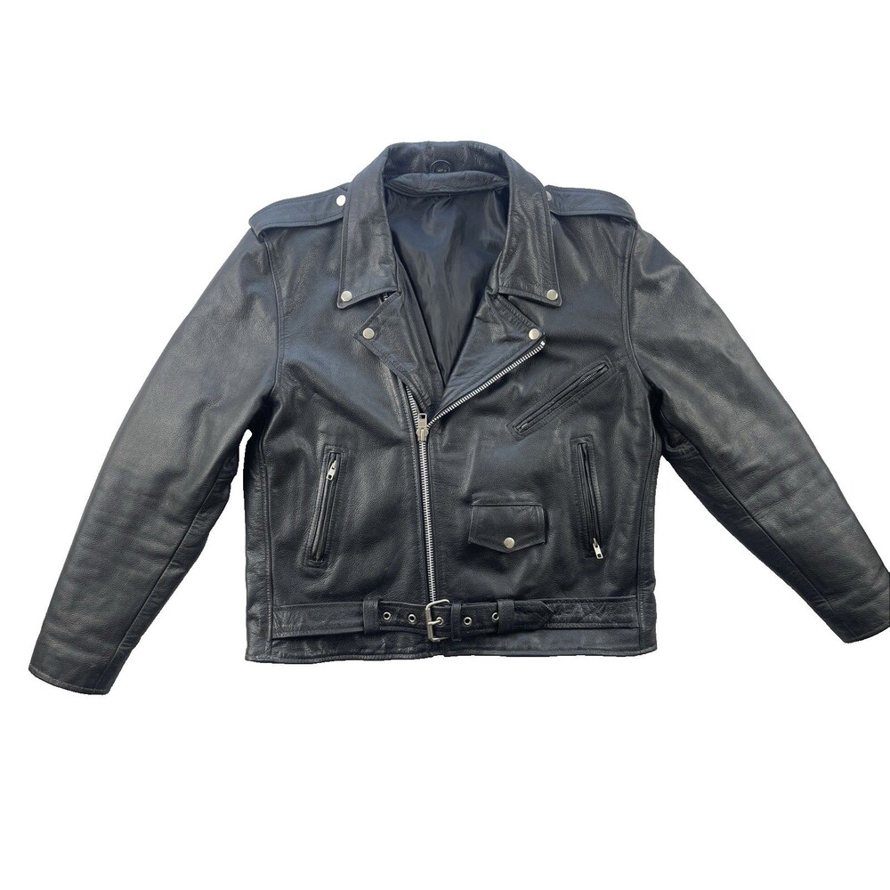Vintage Black Leather Motorcycle Biker Jacket Belted Measures Men's Large Moto